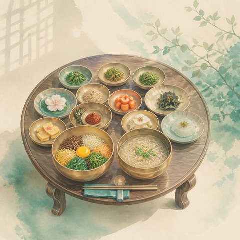 놋그릇에 담긴 비빔밥과 반찬 한 상 수채화