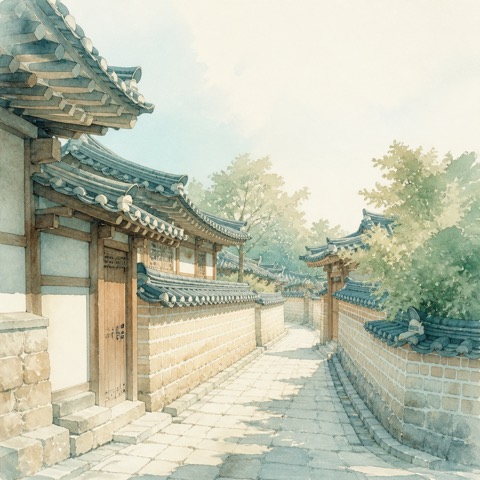 전주 한옥마을 돌담길 수채화