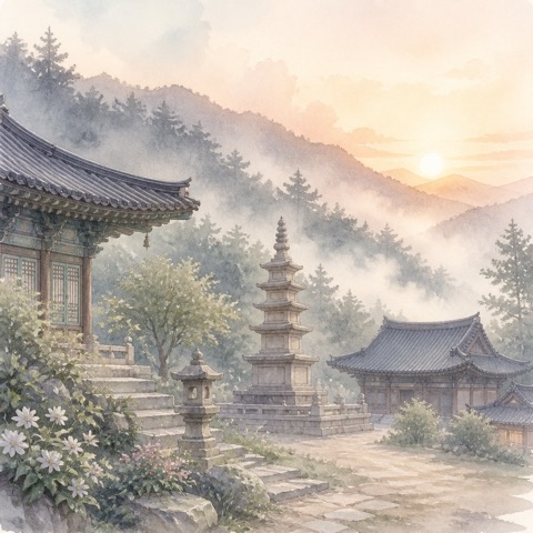 안개 낀 산사의 새벽 수채화