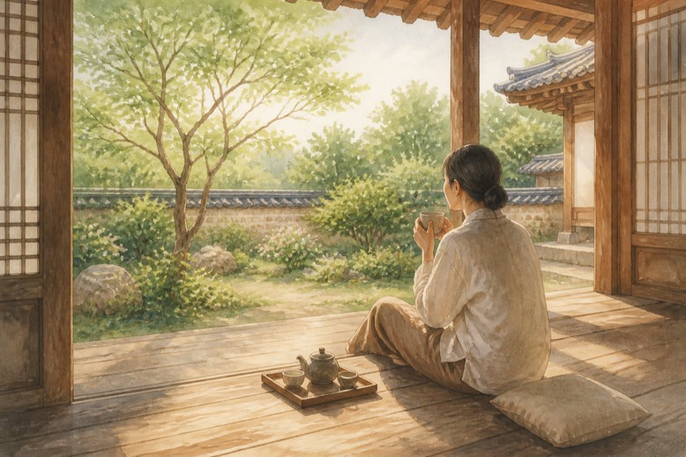 한옥 마루에서 차 한 잔과 함께 정원을 바라보는 수채화