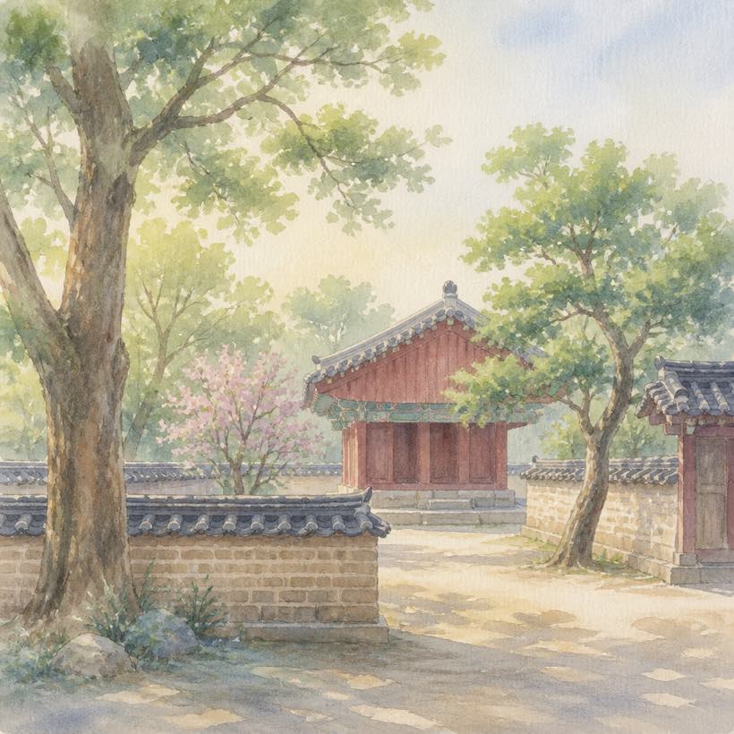 경기전 돌담과 나무를 그린 수채 일러스트