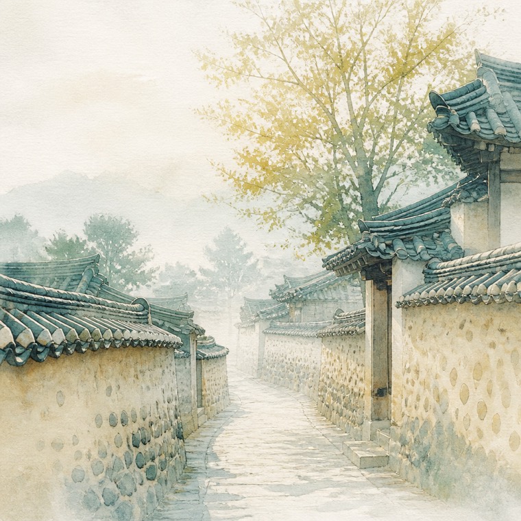 한옥마을 돌담 골목 수채화