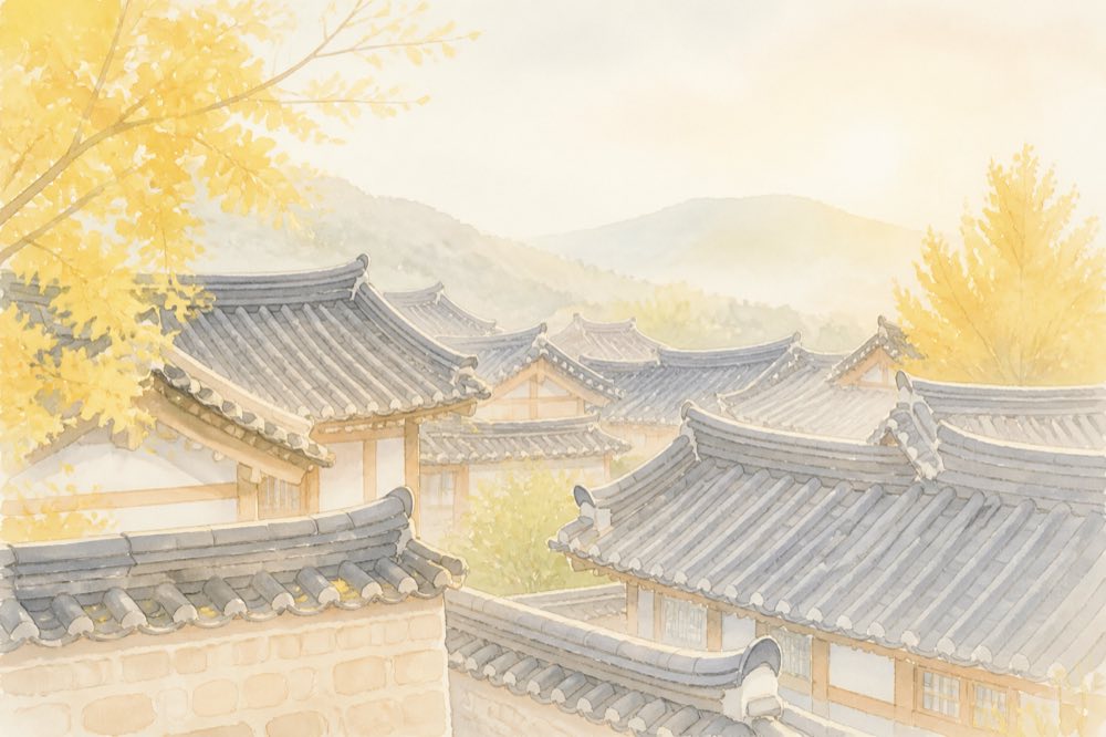 전주 한옥마을 기와지붕이 겹겹이 이어지는 수채화
